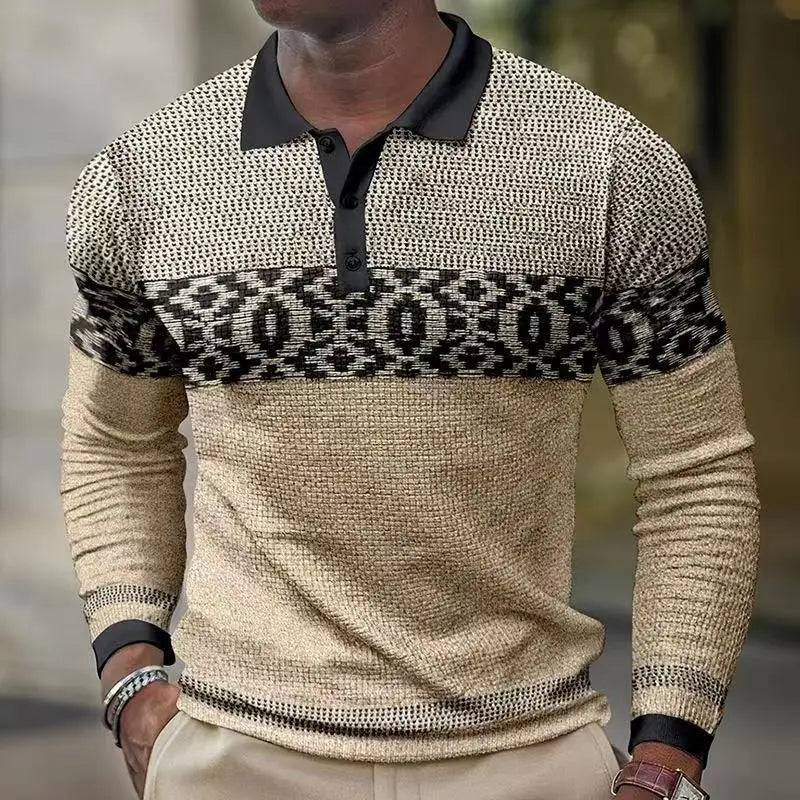 Qualidade waffle manga longa camisa polo masculina 2023 outono nova moda respirável casual negócios topo masculino