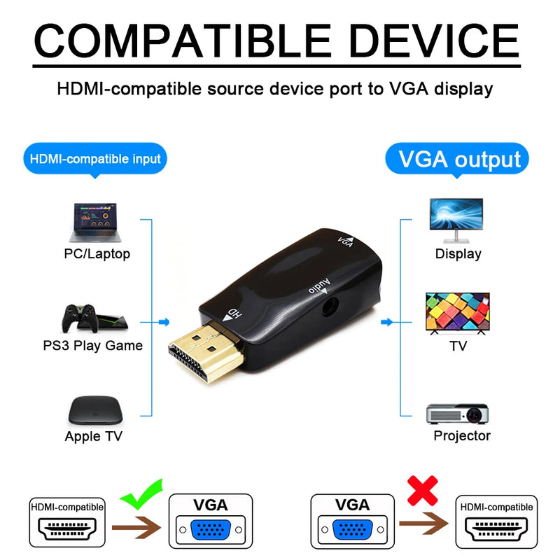 HDMI-compatible Male to VGA Female Adapter HD 1080P Audio Cable Converter For PC Laptop TV Box Computer Display Projector