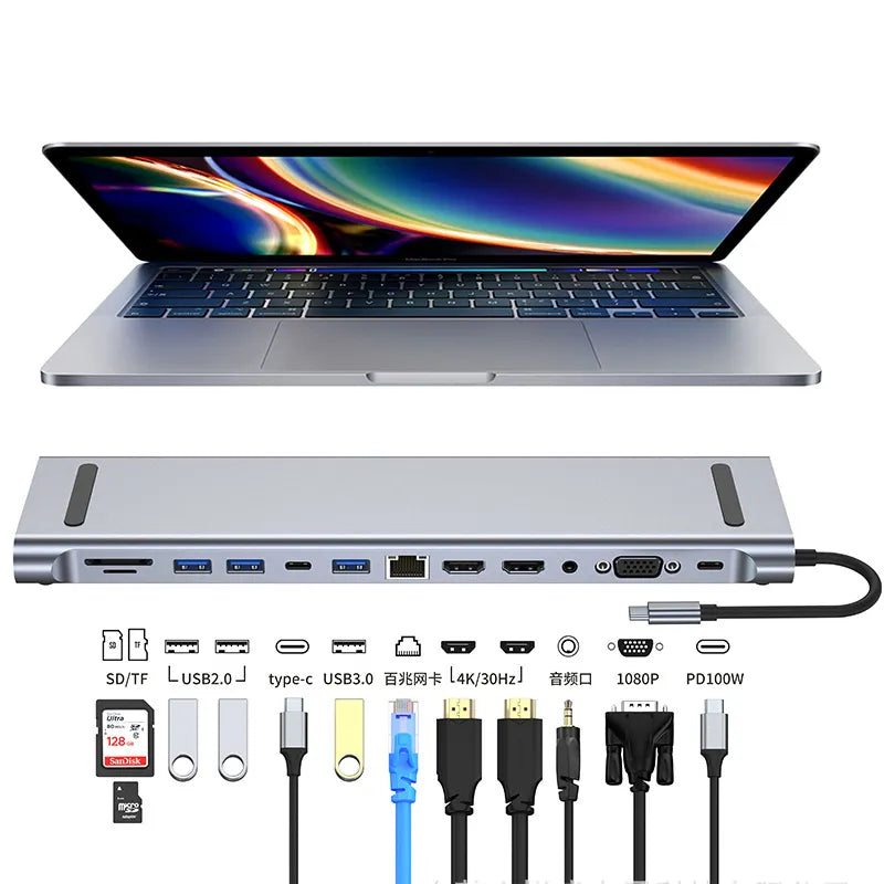 4/8/11/12-in-1 Type C Hub with 2 HDMI  Multiport Adapter Dock Station USB 3.0 4K HDMI RJ45 SD/TF VGA PD for Laptop MacBook iPad